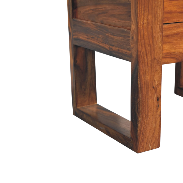 Close view of the frame on the Wetherby Square Bedside Table in Chestnut.