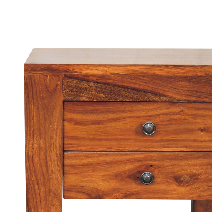 Close view of the knobs on the Wetherby Square Bedside Table in Chestnut.