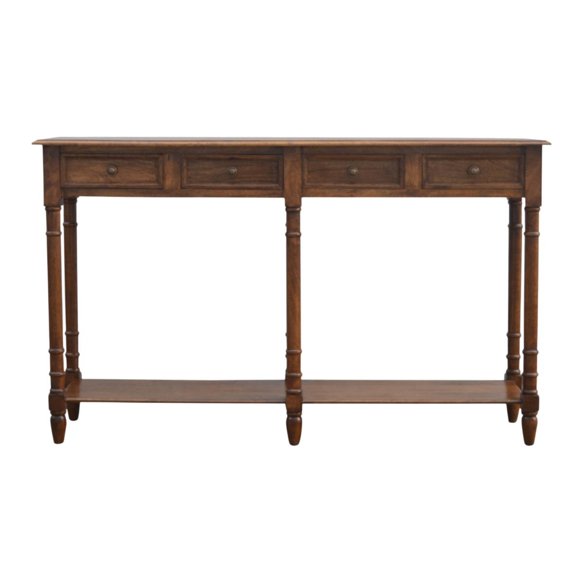 Wetherby Tiered Hallway Console in Chestnut, front view. Chestnut hardwood with ring-pull handles and two lower tiers.
