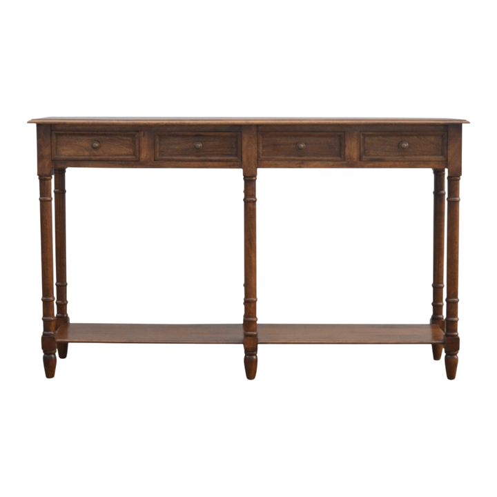 Wetherby Tiered Hallway Console in Chestnut, front view. Chestnut hardwood with ring-pull handles and two lower tiers.