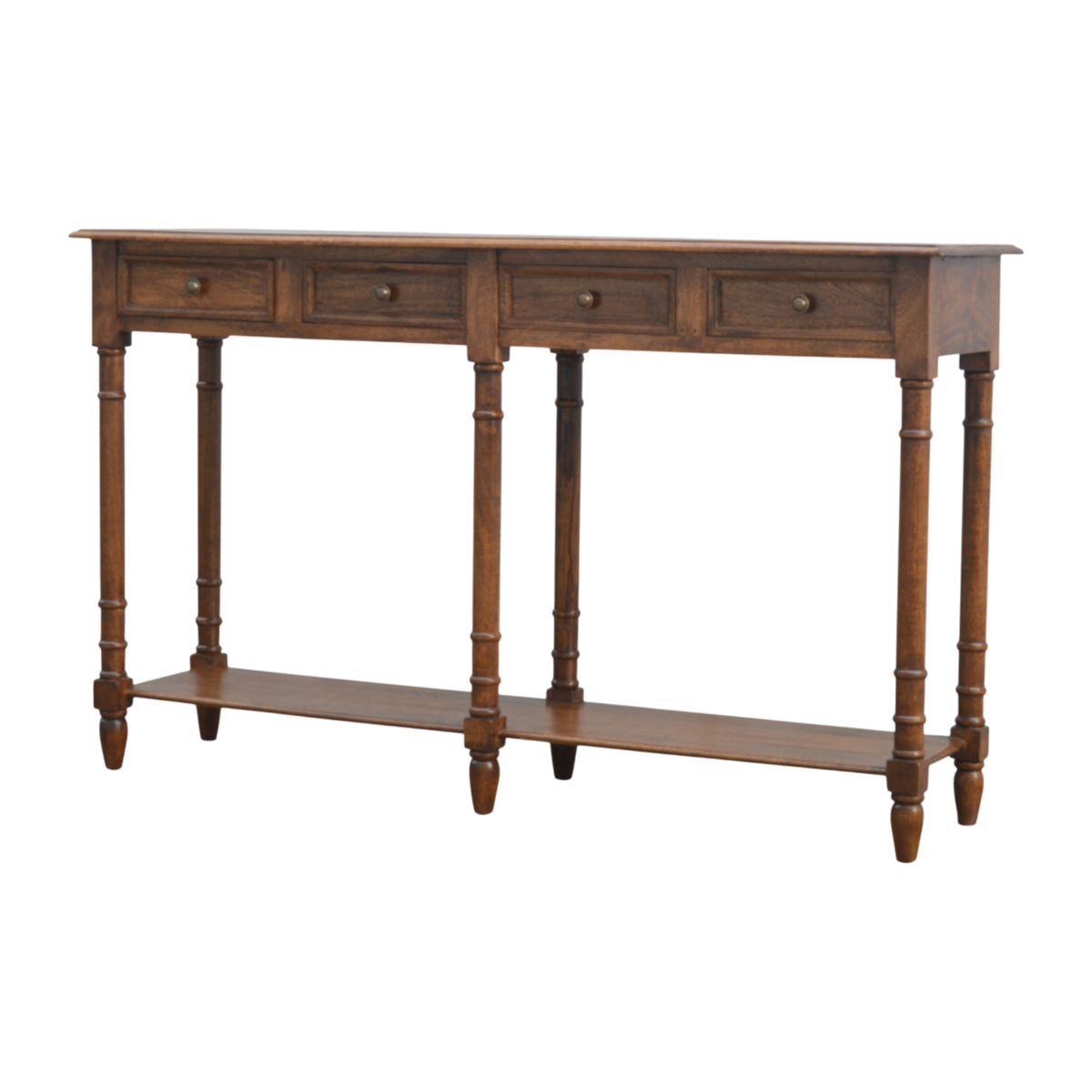 Wetherby Tiered Hallway Console in Chestnut, three-quarter view showing the full profile.