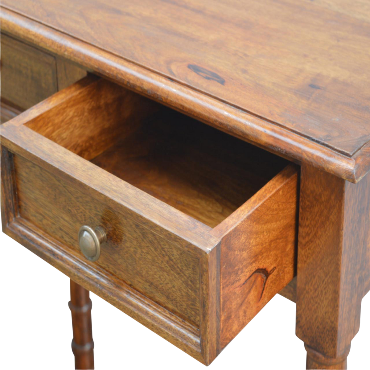 Wetherby Tiered Hallway Console in Chestnut, shown with a drawer open.