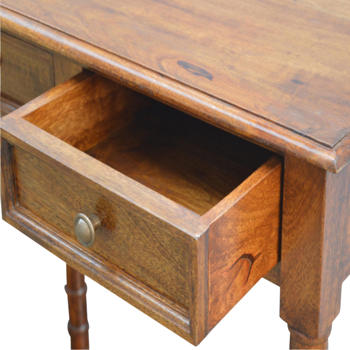 Wetherby Tiered Hallway Console in Chestnut, shown with a drawer open.