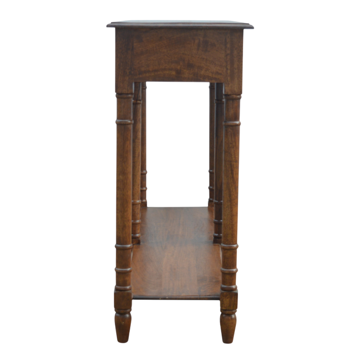 Wetherby Tiered Hallway Console in Chestnut, side view showing the depth.