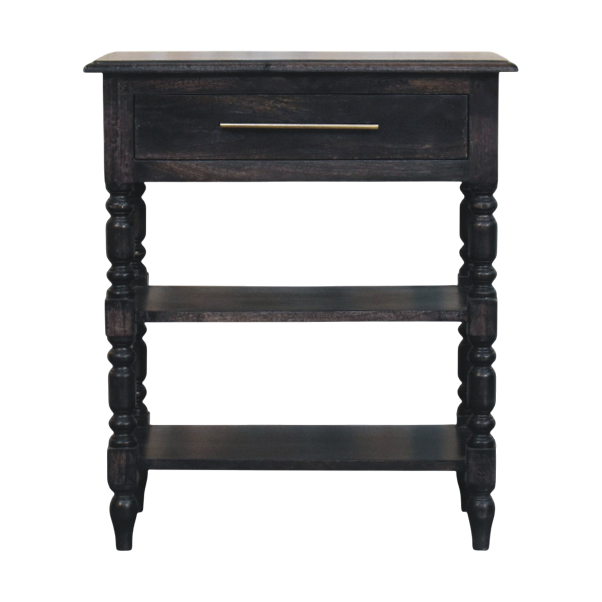 Wetherby Tiered Side Table in Charcoal, front view. Carbon ash hardwood, turned legs, one drawer and two shelves.