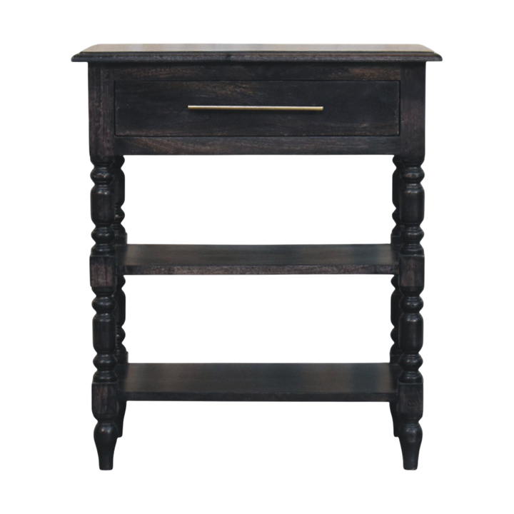 Wetherby Tiered Side Table in Charcoal, front view. Carbon ash hardwood, turned legs, one drawer and two shelves.
