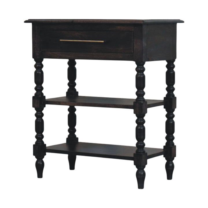 Wetherby Tiered Side Table in Charcoal, three-quarter view showing the full profile.
