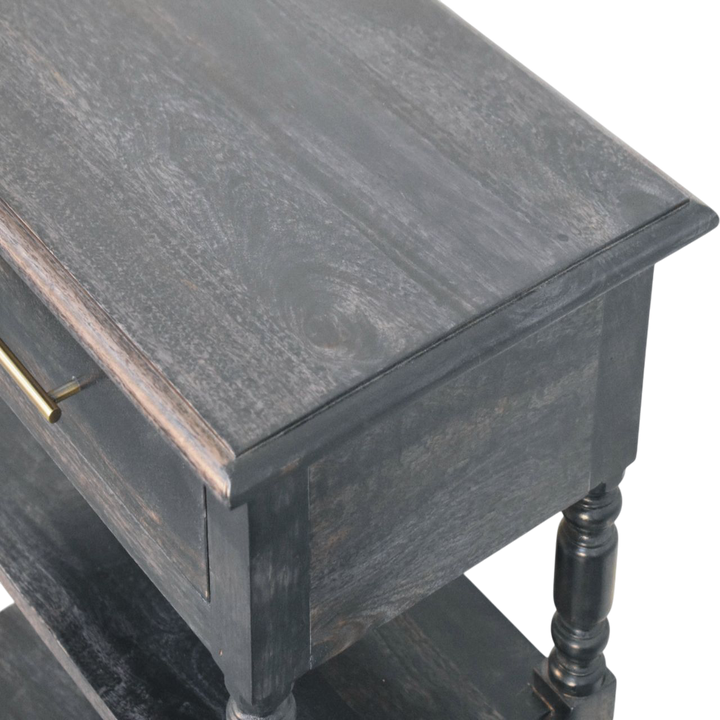 Close view of the grain on the tabletop on the Wetherby Tiered Side Table in Charcoal.