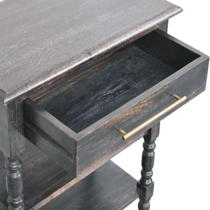 Wetherby Tiered Side Table in Charcoal, shown with a drawer open.