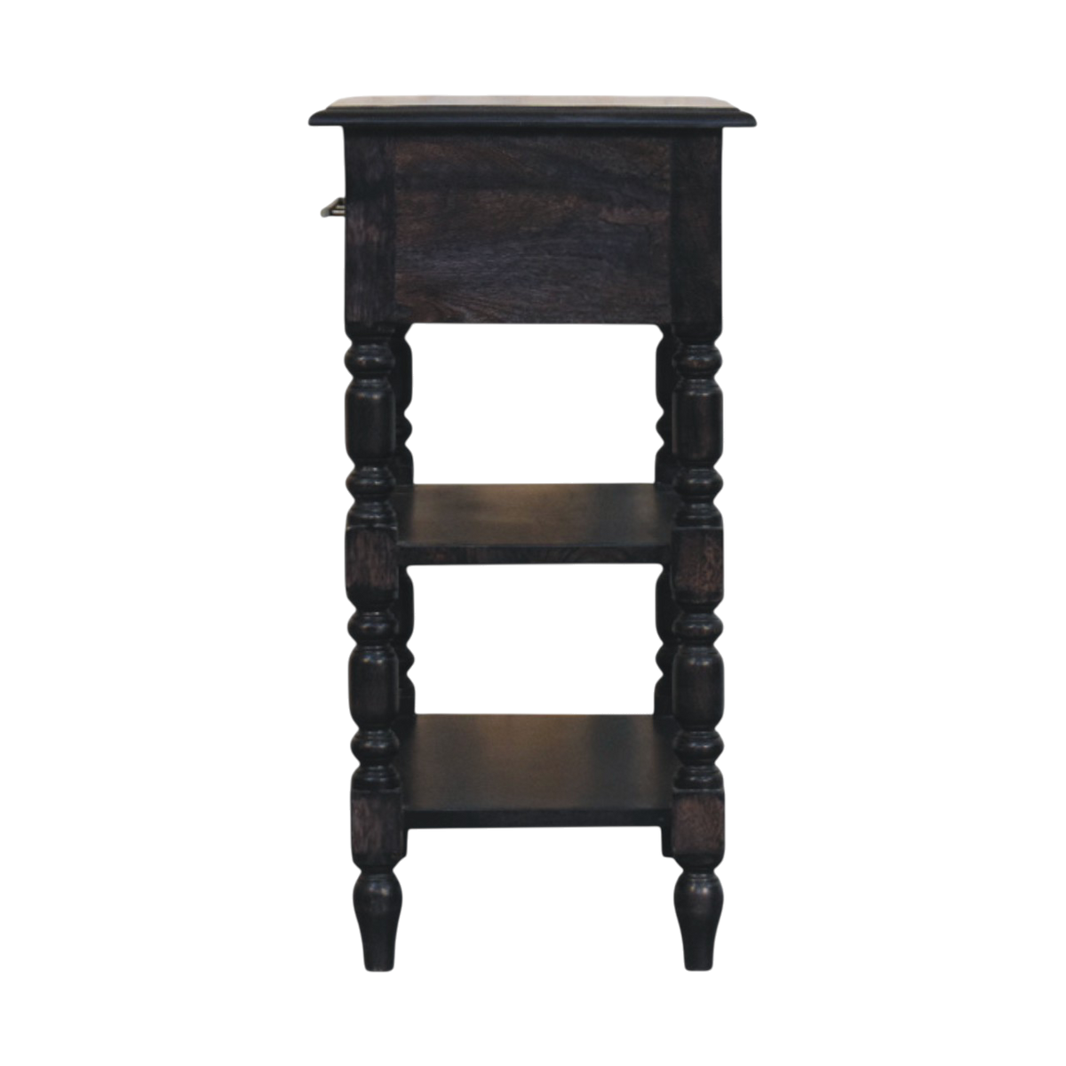 Wetherby Tiered Side Table in Charcoal, side view showing the depth.