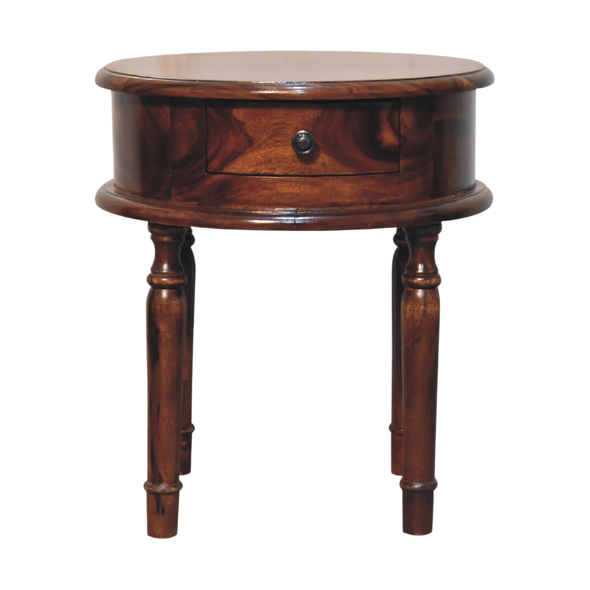 Wetherby Turned-Leg Bedside Table in Chestnut, front view. 100% solid hardwood in a warm chestnut finish, one full-width drawer, round knob, turned tapering legs.