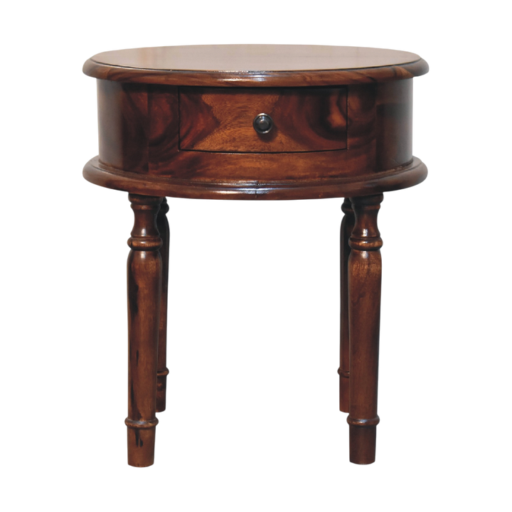 Wetherby Turned-Leg Bedside Table in Chestnut, front view. 100% solid hardwood in a warm chestnut finish, one full-width drawer, round knob, turned tapering legs.