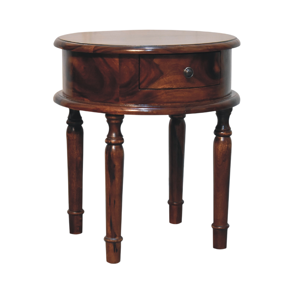 Wetherby Turned-Leg Bedside Table in Chestnut, three-quarter view showing the full profile.