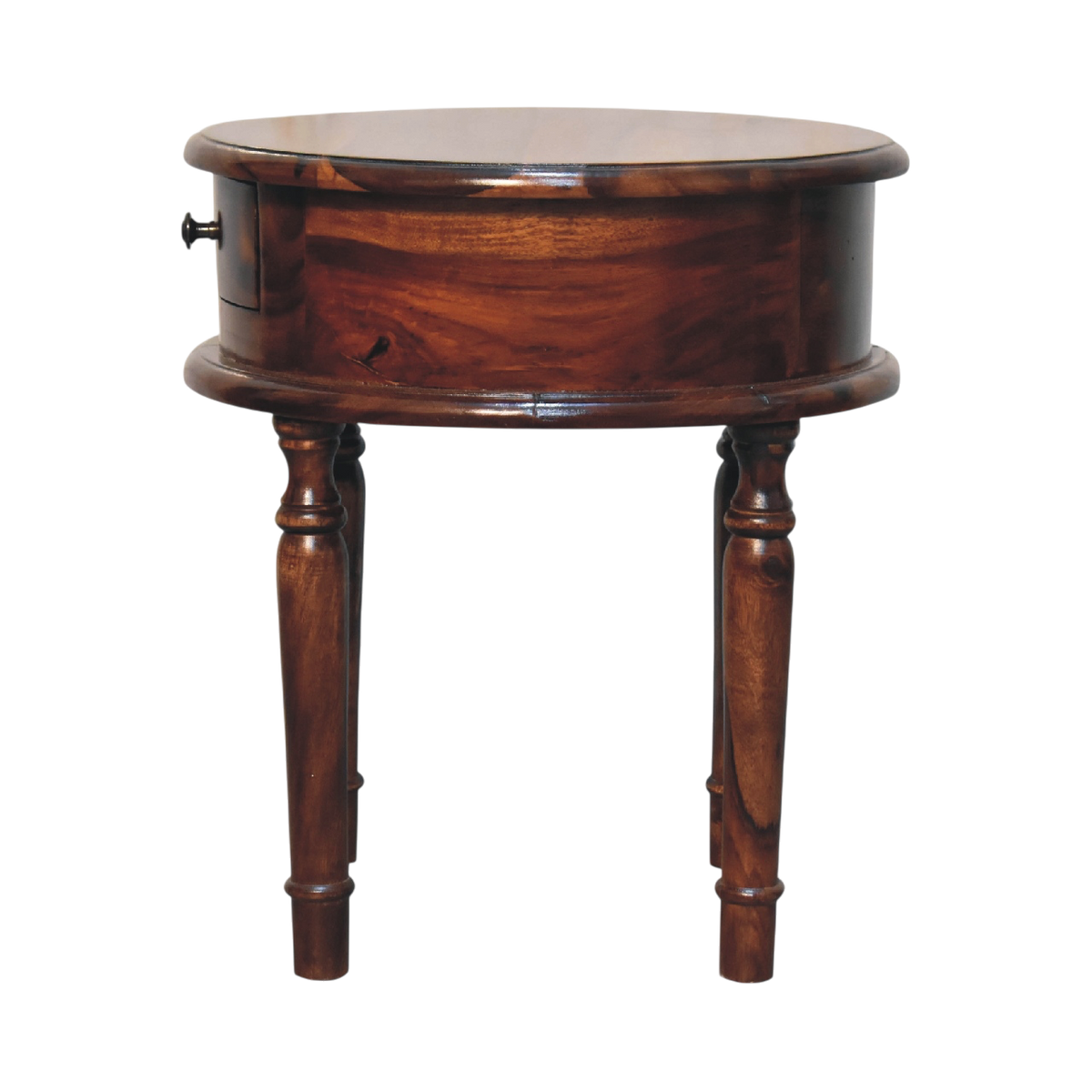 Wetherby Turned-Leg Bedside Table in Chestnut, side view showing the depth.