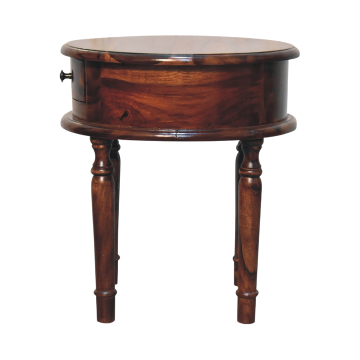 Wetherby Turned-Leg Bedside Table in Chestnut, side view showing the depth.