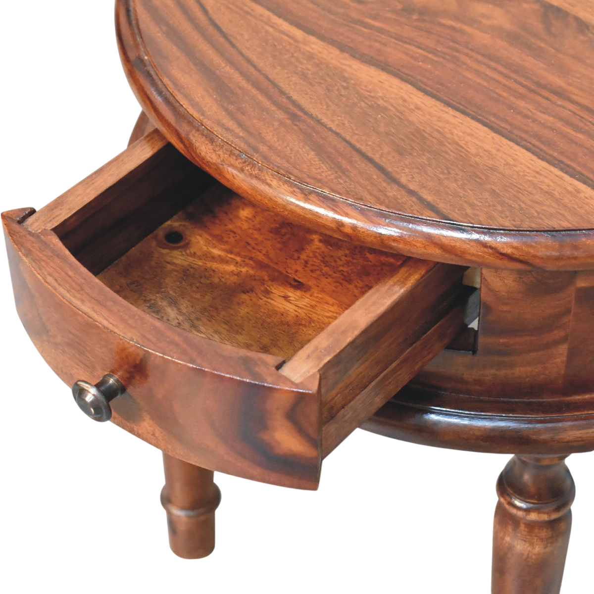 Wetherby Turned-Leg Bedside Table in Chestnut, shown with a drawer open.