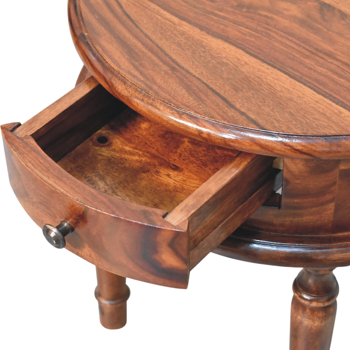 Wetherby Turned-Leg Bedside Table in Chestnut, shown with a drawer open.