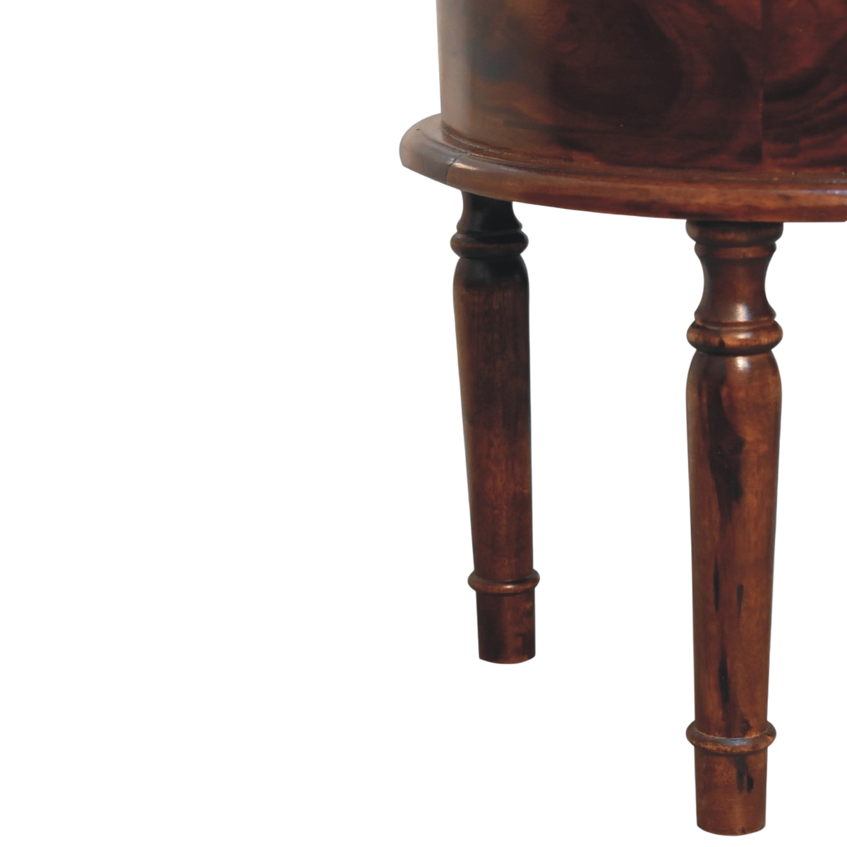Close view of the legs on the Wetherby Turned-Leg Bedside Table in Chestnut.