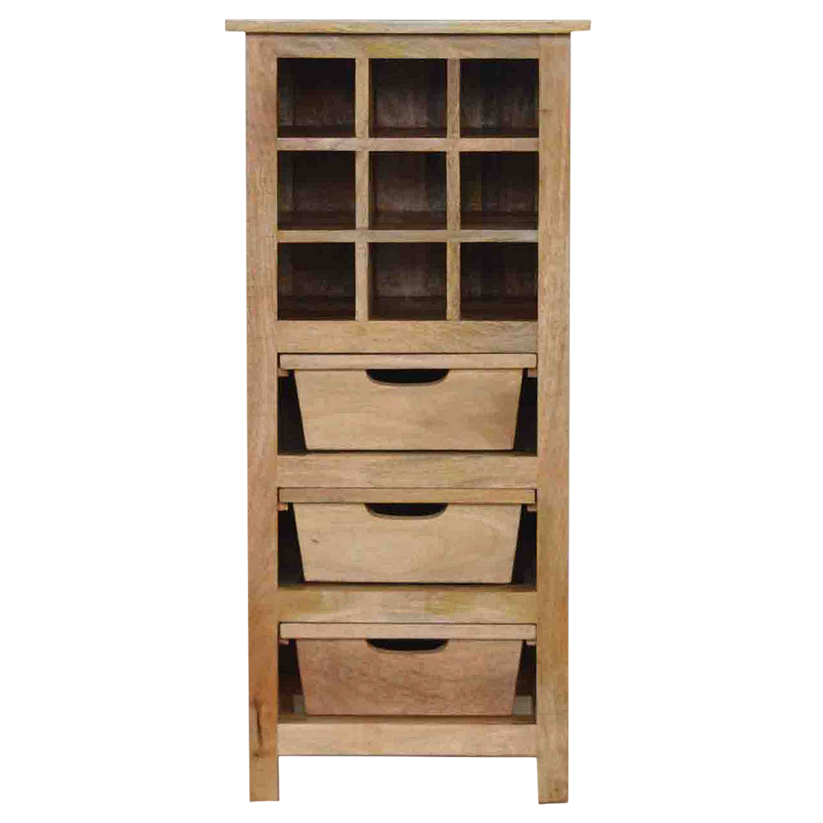 Wetherby Wine Cabinet in Amber, front view. 100% solid hardwood in a pale amber finish, nine cut bottle slots, three drawers, three lower shelves.