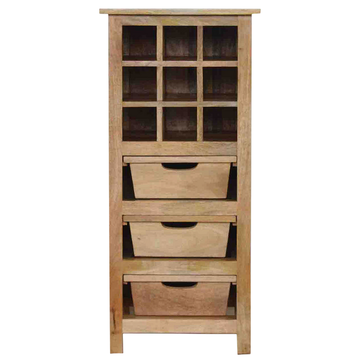 Wetherby Wine Cabinet in Amber, front view. 100% solid hardwood in a pale amber finish, nine cut bottle slots, three drawers, three lower shelves.
