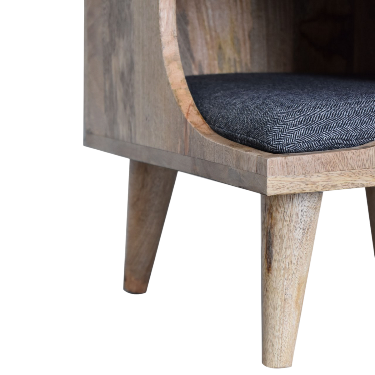 Close view of the legs on the Windsor Cut-Out Pet Bed in Amber with Charcoal Tweed.