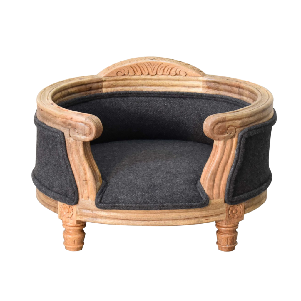 Windsor Hand-Carved Pet Bed in Grey Tweed, front view. Carved wood frame with a tweed cushion.