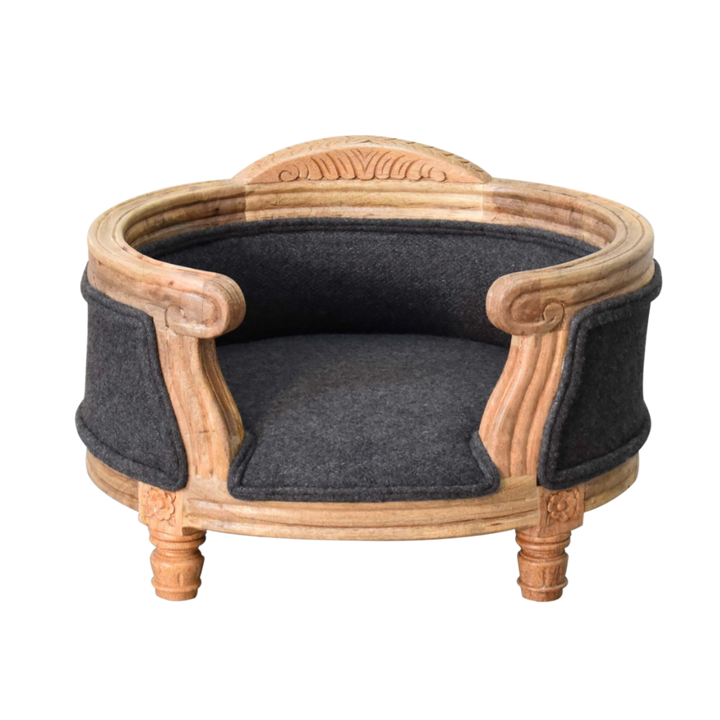 Windsor Hand-Carved Pet Bed in Grey Tweed, front view. Carved wood frame with a tweed cushion.