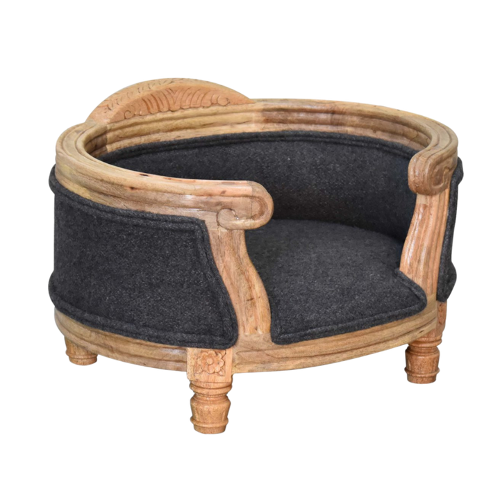Windsor Hand-Carved Pet Bed in Grey Tweed, three-quarter view showing the carved sides.