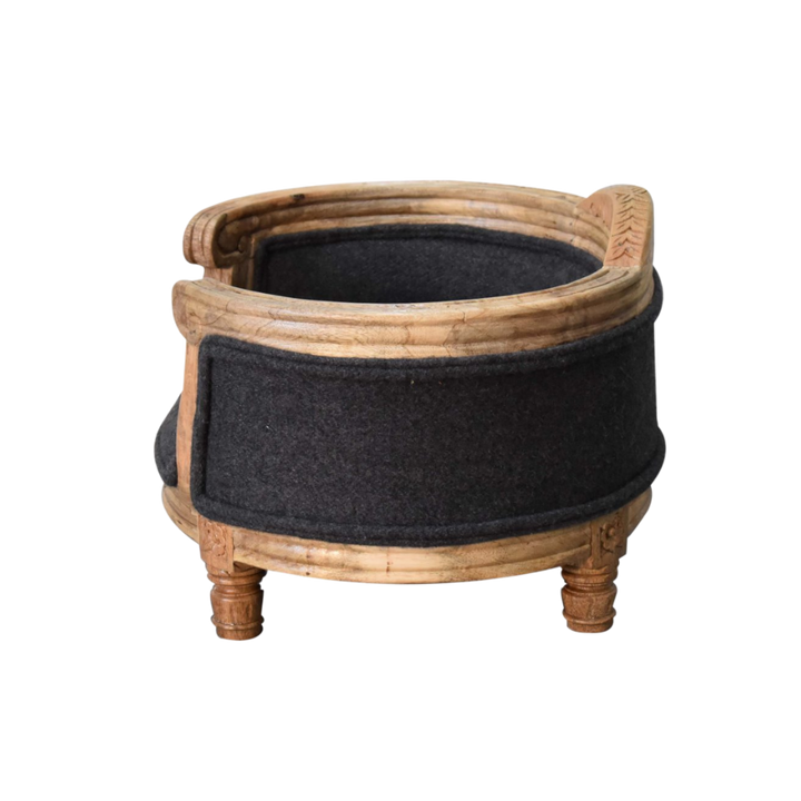 Windsor Hand-Carved Pet Bed in Grey Tweed, side view showing the frame height and cushion.