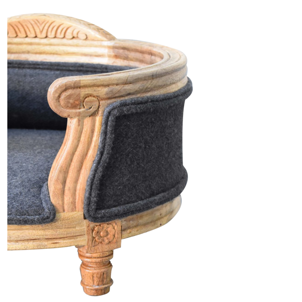 Close view of the hand-carved detail on the Windsor Pet Bed frame.