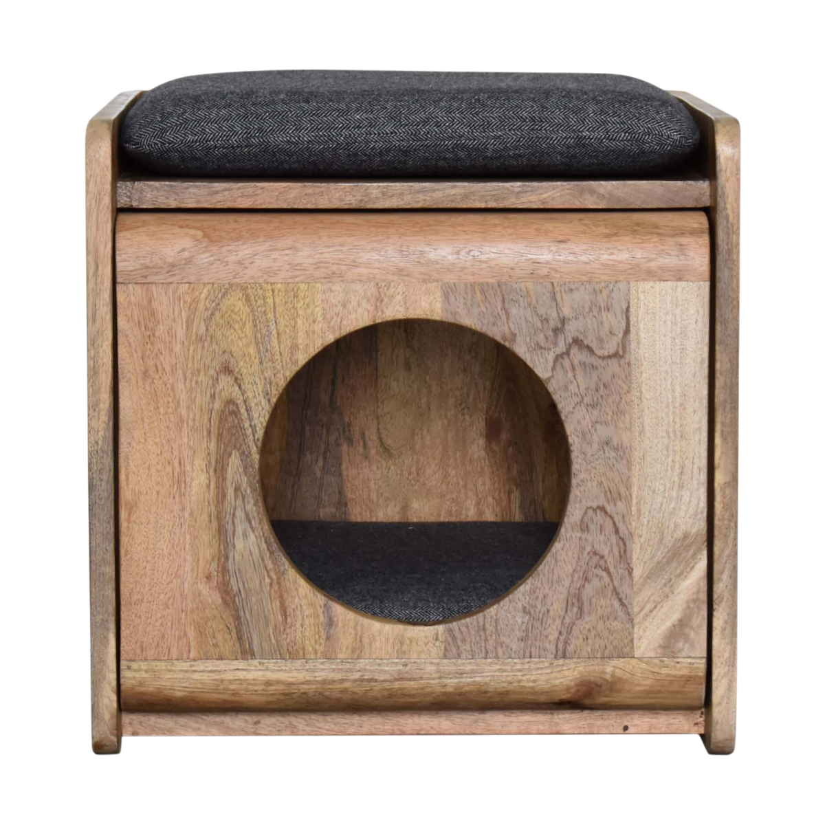 Windsor Round Pet Bed in Amber with Charcoal Tweed, front view. 100% solid hardwood in a pale amber finish, round cut-out front opening, padded charcoal tweed interior cushion.
