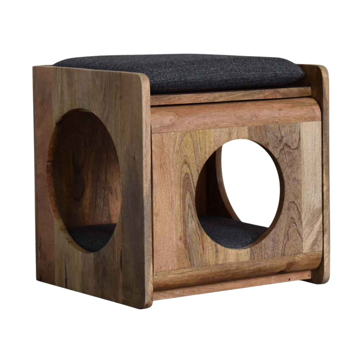 Windsor Round Pet Bed in Amber with Charcoal Tweed, three-quarter view showing the full profile.
