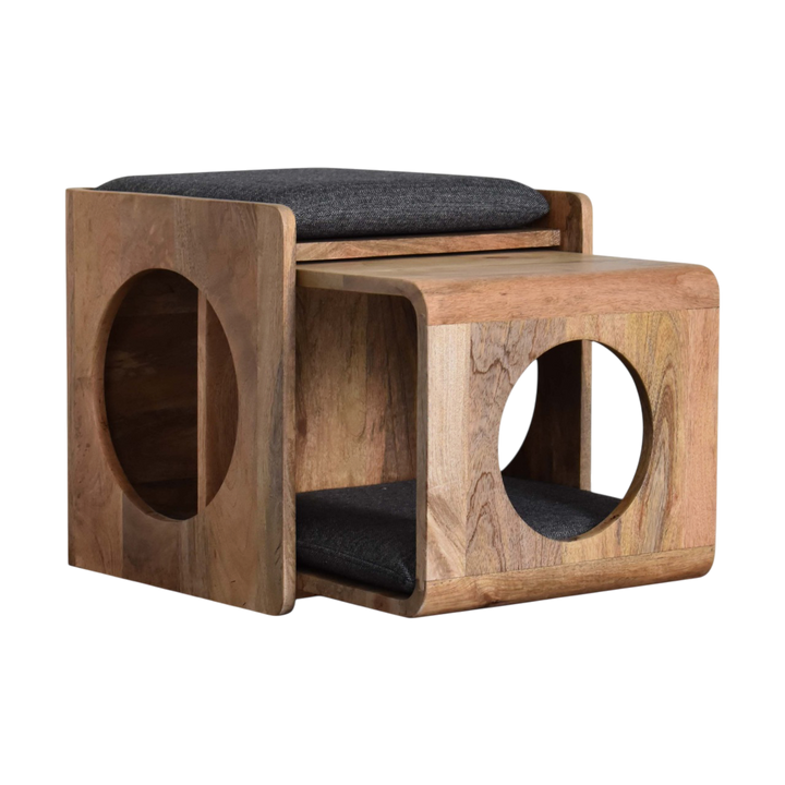 Windsor Round Pet Bed in Amber with Charcoal Tweed, three-quarter view from the opposite side.