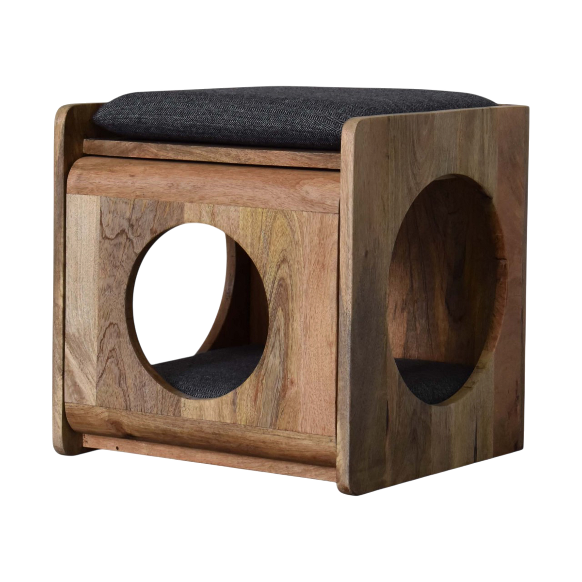 Windsor Round Pet Bed in Amber with Charcoal Tweed, three-quarter view from the opposite side.