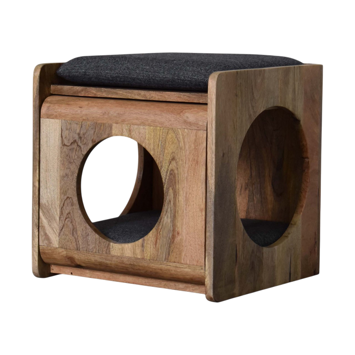 Windsor Round Pet Bed in Amber with Charcoal Tweed, three-quarter view from the opposite side.