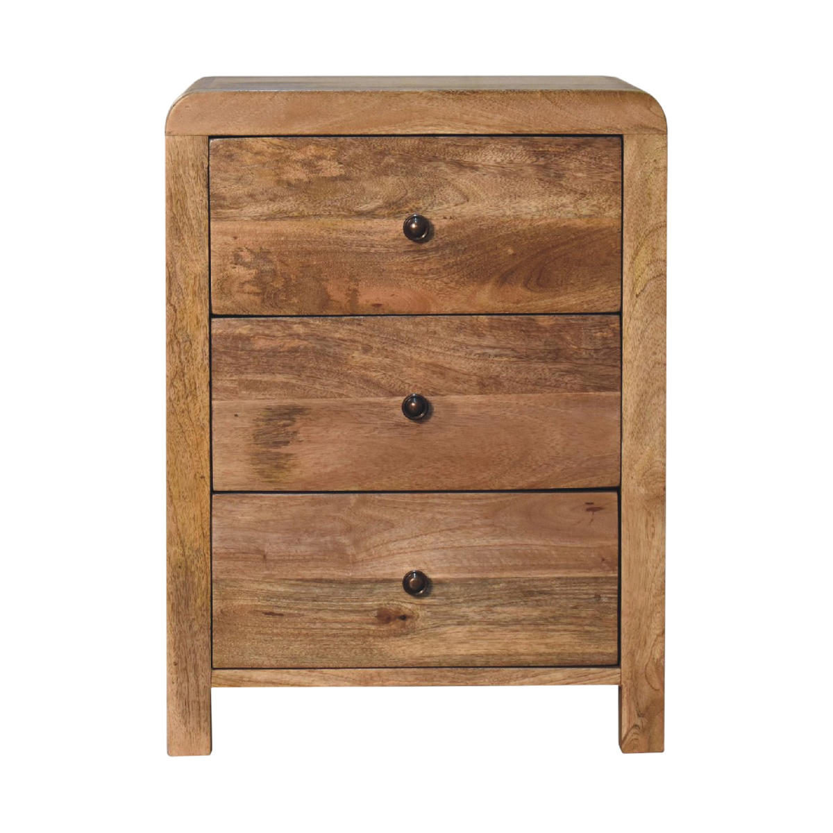 Winton 3-Drawer Bedside Table in Amber, front view. 100% solid hardwood in a warm amber finish, three full-width drawers, brass knobs, eased corners.