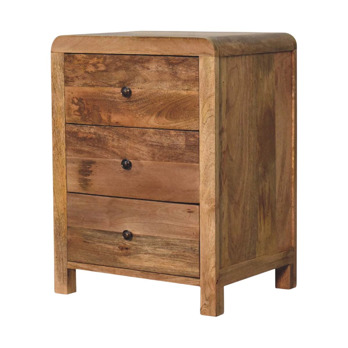 Winton 3-Drawer Bedside Table in Amber, three-quarter view showing the full profile.