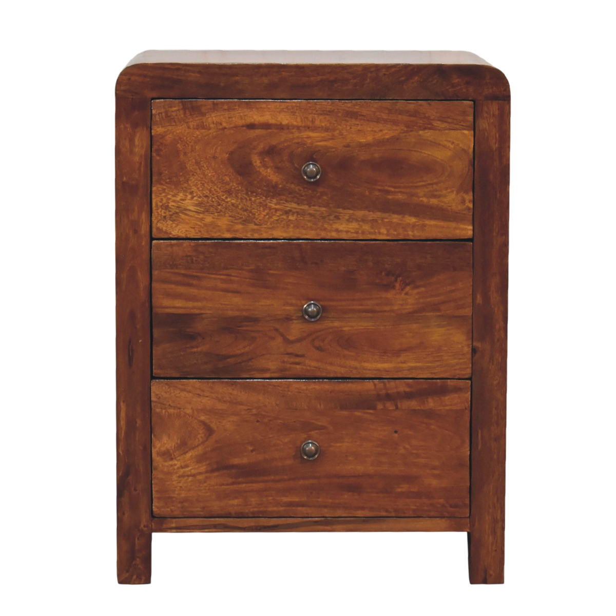 Winton 3-Drawer Bedside Table in Chestnut, front view. 100% solid hardwood in a chestnut finish, three full-width drawers, brass knobs, eased corners.