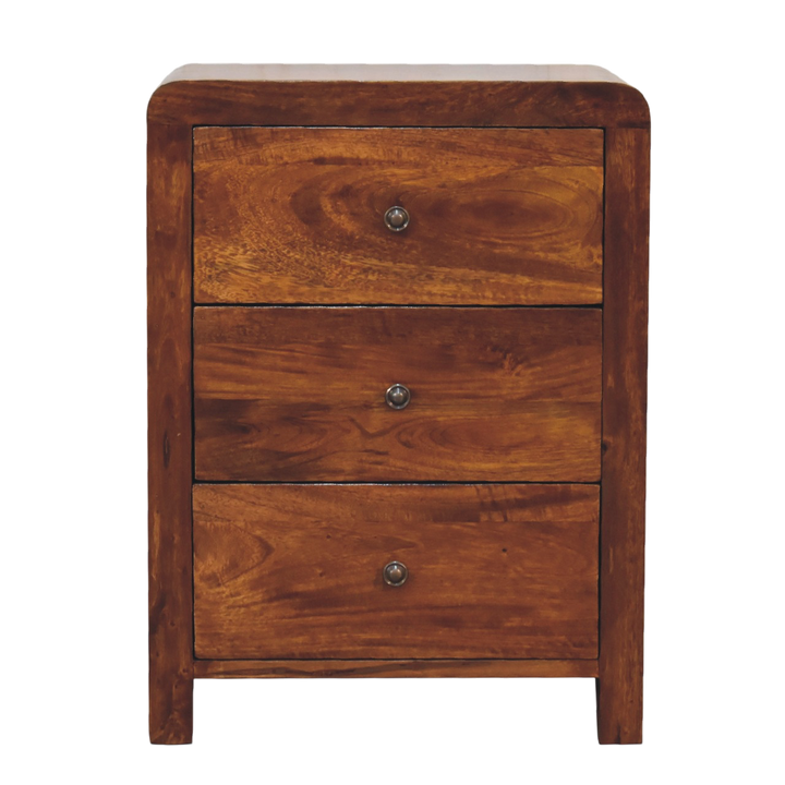 Winton 3-Drawer Bedside Table in Chestnut, front view. 100% solid hardwood in a chestnut finish, three full-width drawers, brass knobs, eased corners.
