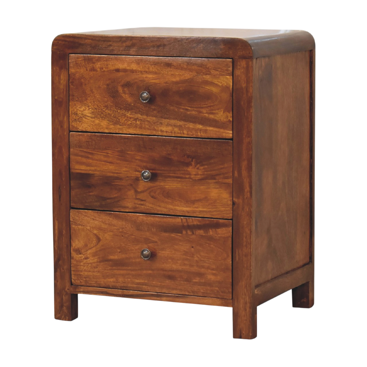 Winton 3-Drawer Bedside Table in Chestnut, three-quarter view showing the full profile.
