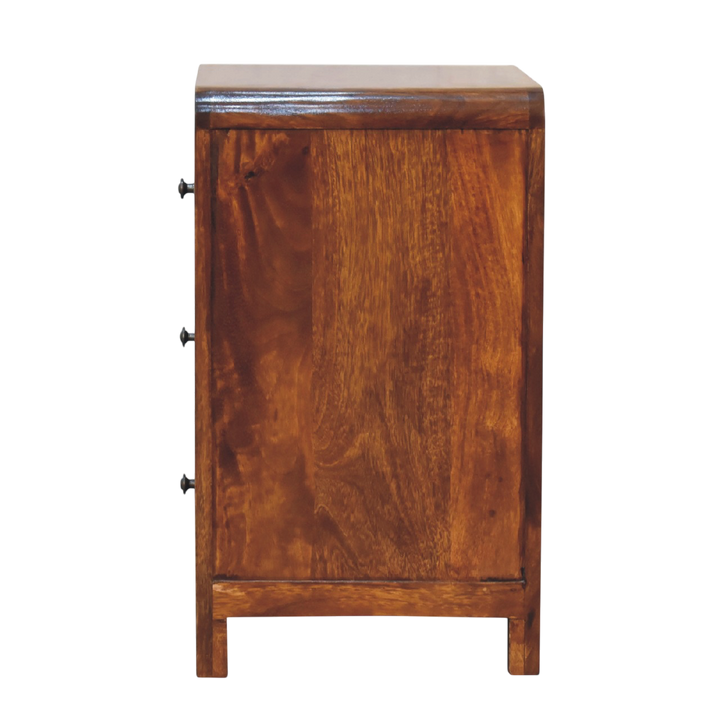 Winton 3-Drawer Bedside Table in Chestnut, side view showing the depth.