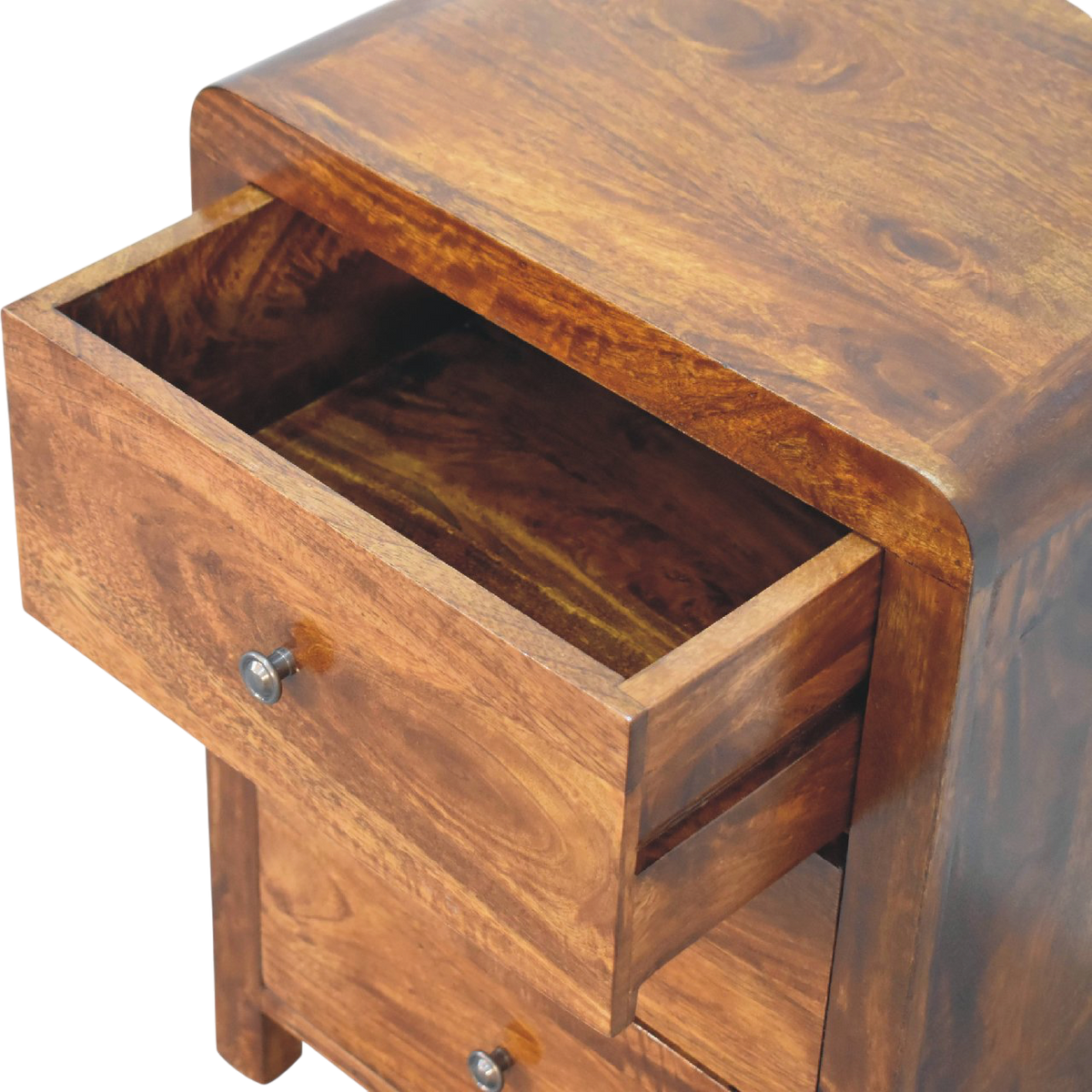 Winton 3-Drawer Bedside Table in Chestnut, shown with a drawer open.