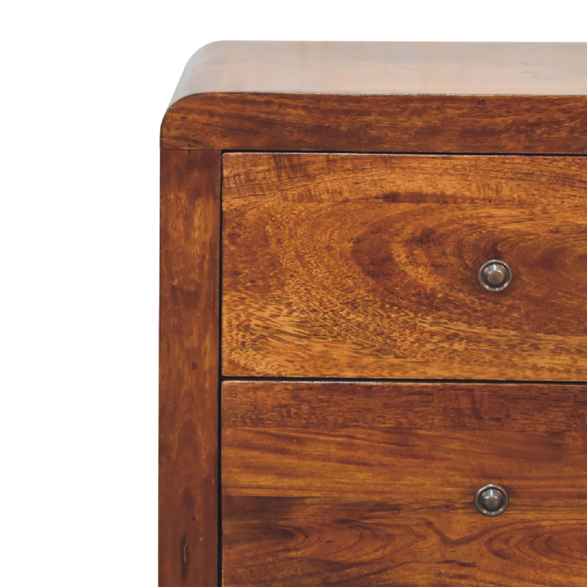 Close view of the drawer front on the Winton 3-Drawer Bedside Table in Chestnut.
