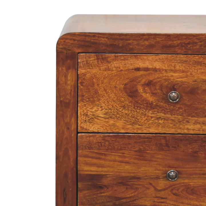 Close view of the drawer front on the Winton 3-Drawer Bedside Table in Chestnut.