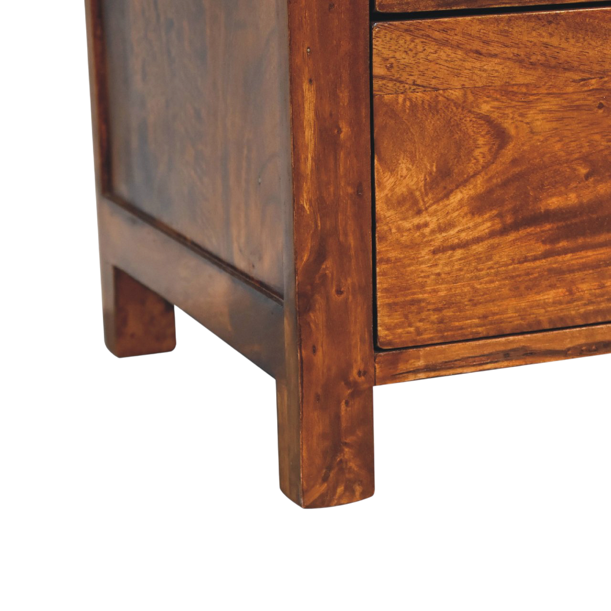 Close view of the base on the Winton 3-Drawer Bedside Table in Chestnut.
