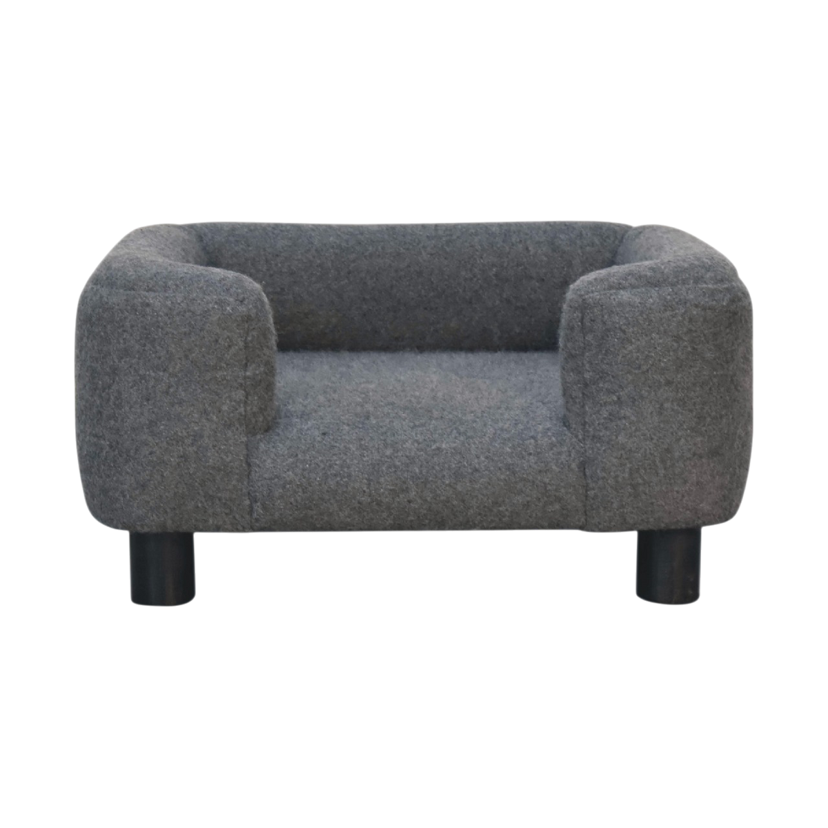 Winton Mini Pet Bed in Grey Tweed, front view. Tweed upholstery with a padded cushion on short dark feet.