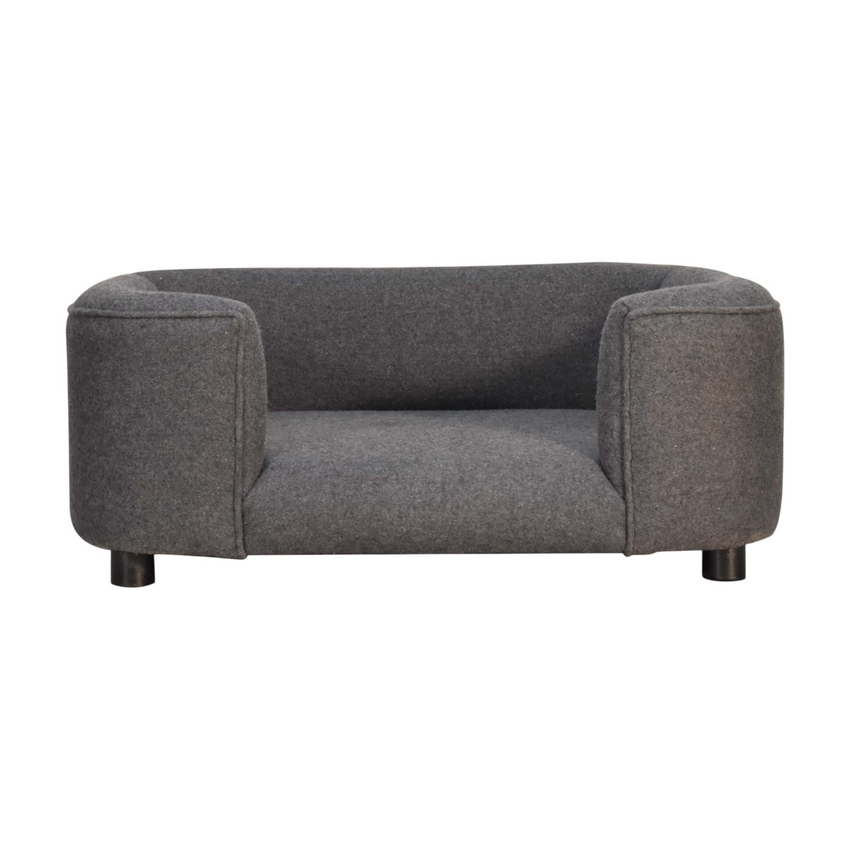 Winton Pet Bed in Grey Tweed, front view. Tweed upholstery with a padded cushion on short dark feet.
