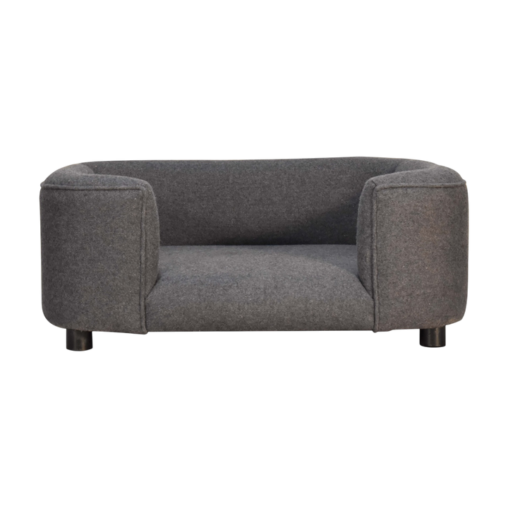 Winton Pet Bed in Grey Tweed, front view. Tweed upholstery with a padded cushion on short dark feet.